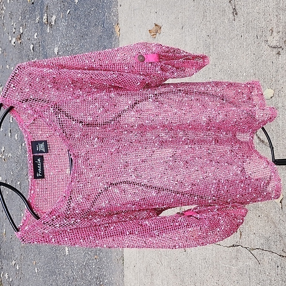 Frazzle Pink Open Knit Mesh Top Womens Large 3/4 Roll Tab Sleeve Marled Pullover